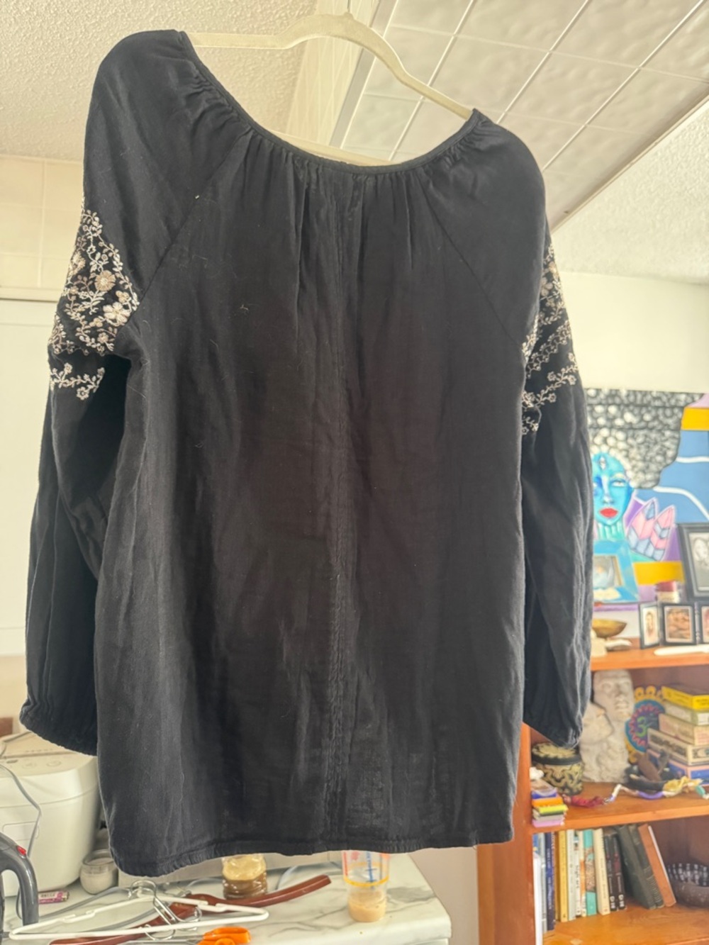 Old Navy Black Embroidered Boho Peasant Blouse Tassel Tie Large - Picture 6 of 11